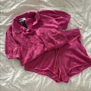 Beach Riot Liliana polo collar top + shorts set pink knit flower